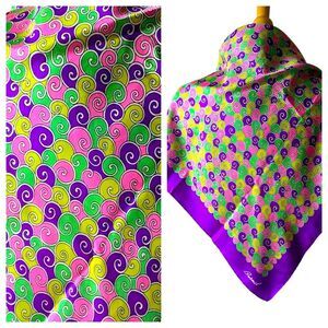 Vintage Colorful Candy Land Purple Pink Green Swirls Square Silk Scarf